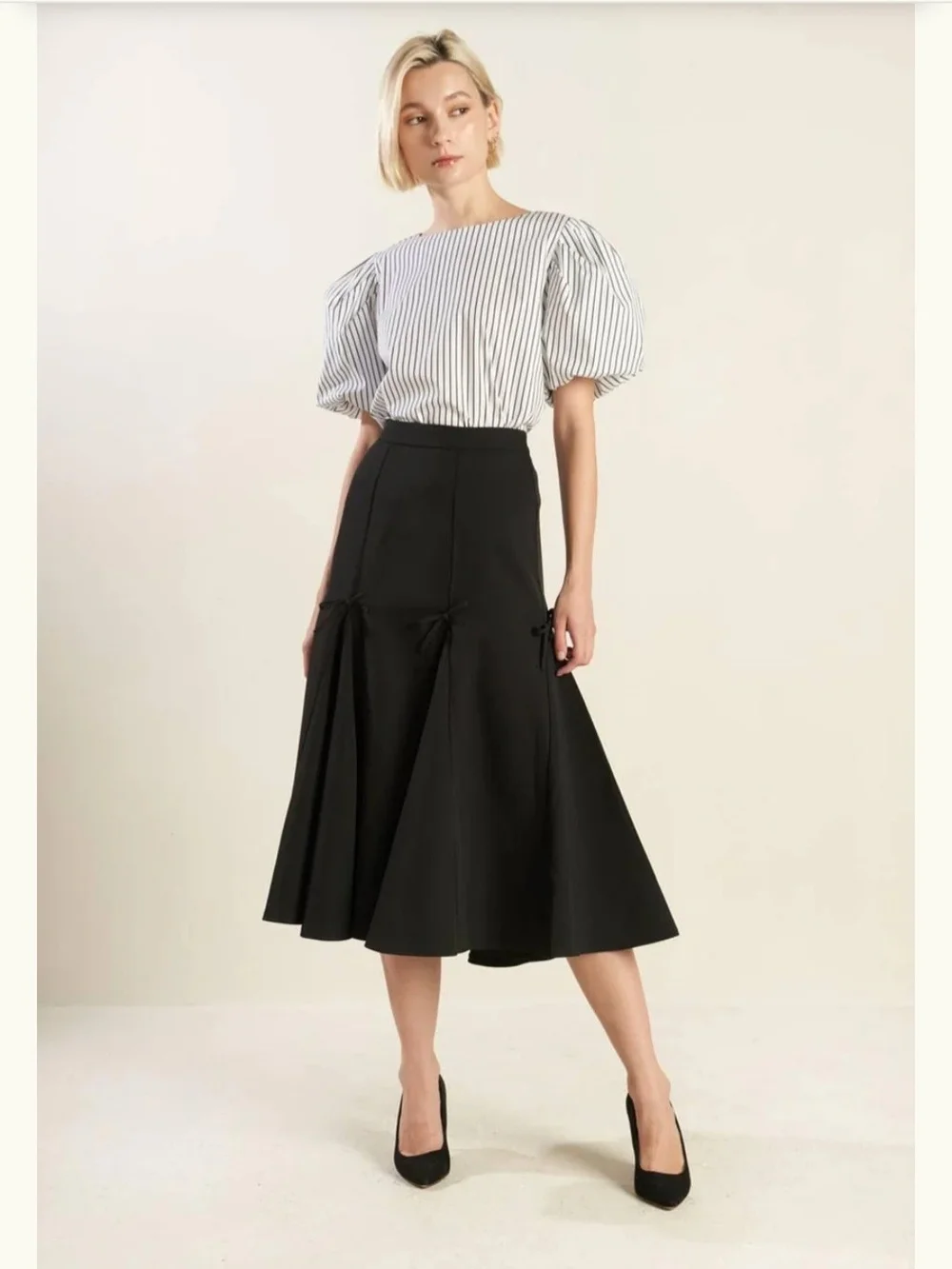 Maeve Striped Puff-Sleeve Blouse - White/Black